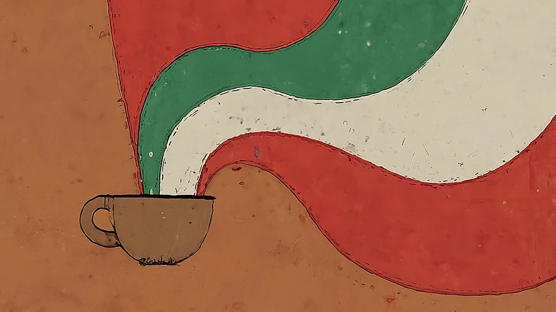 Whimsical illustration of a person curiously looking into a large book decorated with Italian flag colors amidst geometric shapes.