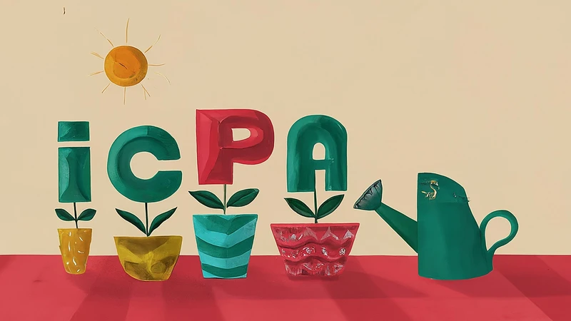 Whimsical garden with abstract word-like plants growing from geometric pots