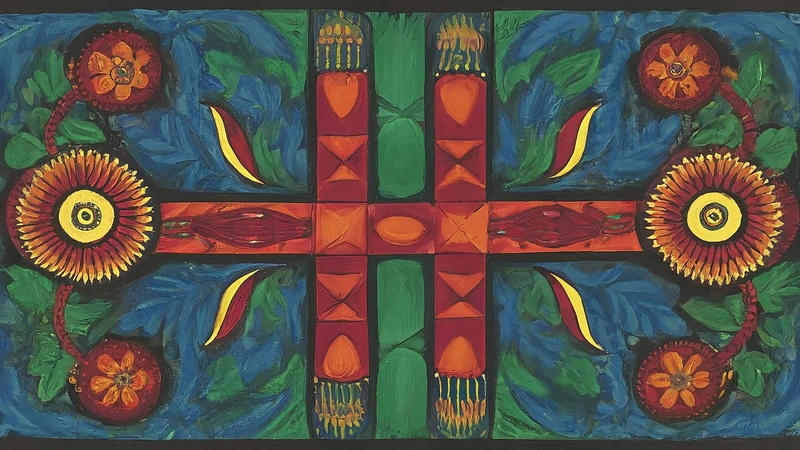 Two whimsical figures chatting with speech bubbles filled with abstract shapes and colours.