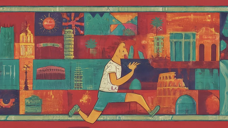 Figure running on a geometric marathon track with abstract Italian landmark milestones.