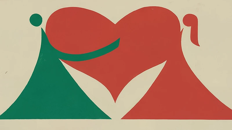 Whimsical hand-drawn couple holding hands under a large geometric heart shape.