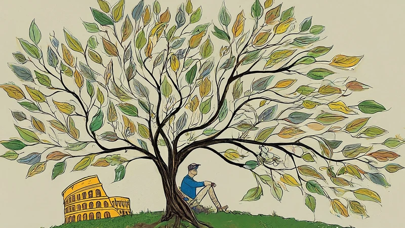 Whimsical hand-drawn family tree with geometric lines connecting Italy icon to a person.