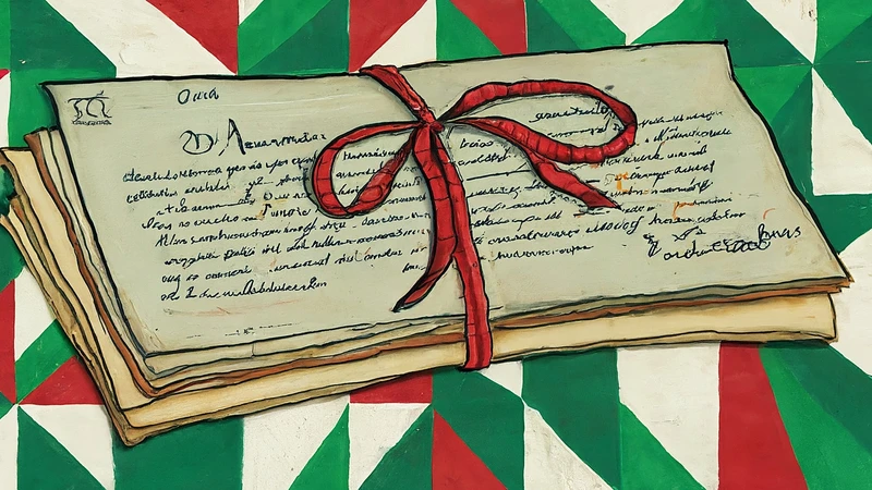 Whimsical stack of hand-drawn documents tied with ribbon against bold geometric background.