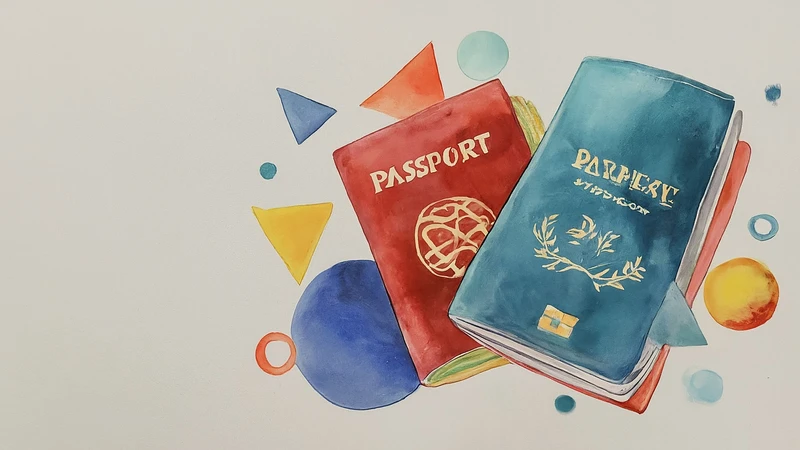 Whimsical hand-drawn Italian passport surrounded by floating geometric shapes.