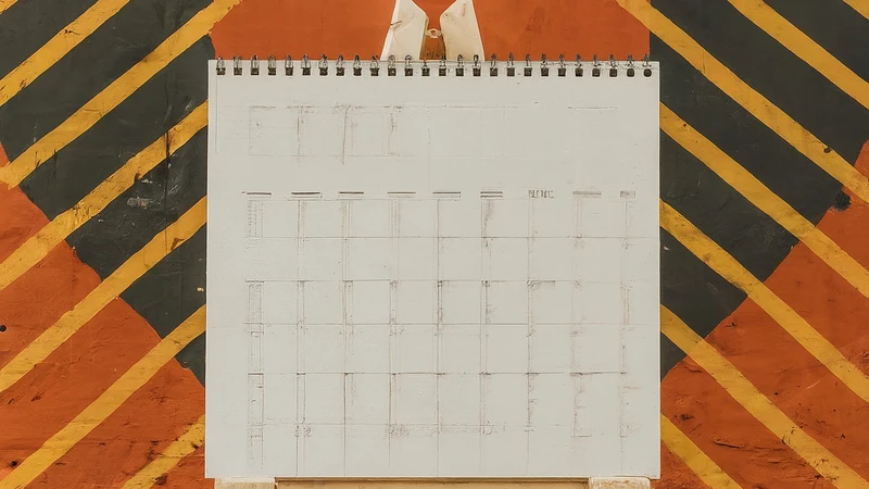 Whimsical hand-drawn calendar page with passing years and bold geometric arrows showing progress.