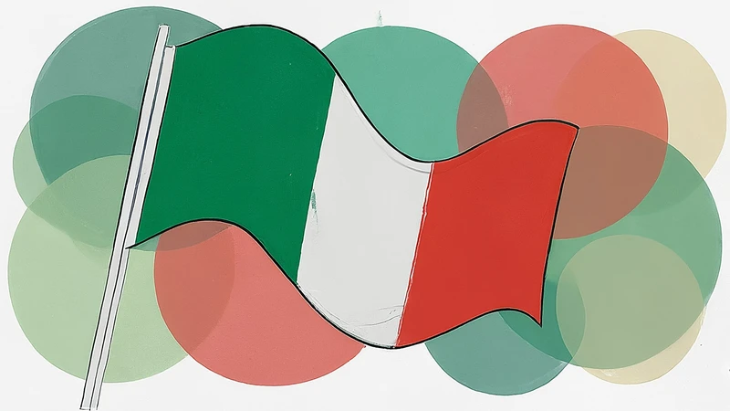 Whimsical illustration of two intertwined flags blending together amidst geometric circles.