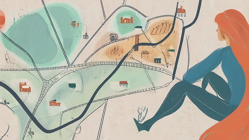 Whimsical illustration of person viewing map with consulate icons connected by geometric lines.