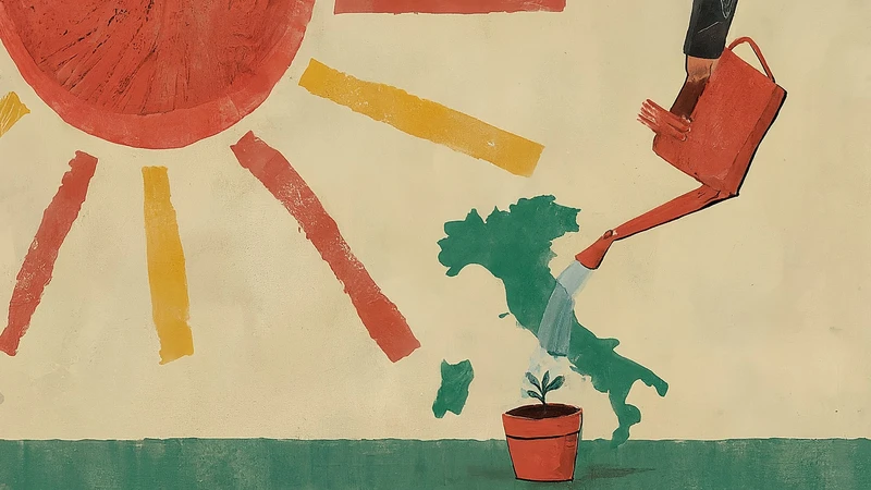 Whimsical illustration of a person watering a plant in an Italy-shaped pot under geometric sun rays.