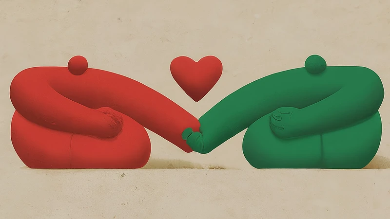 Geometric blocks with whimsical symbols representing Lega, Forza Italia, and Fratelli d'Italia.