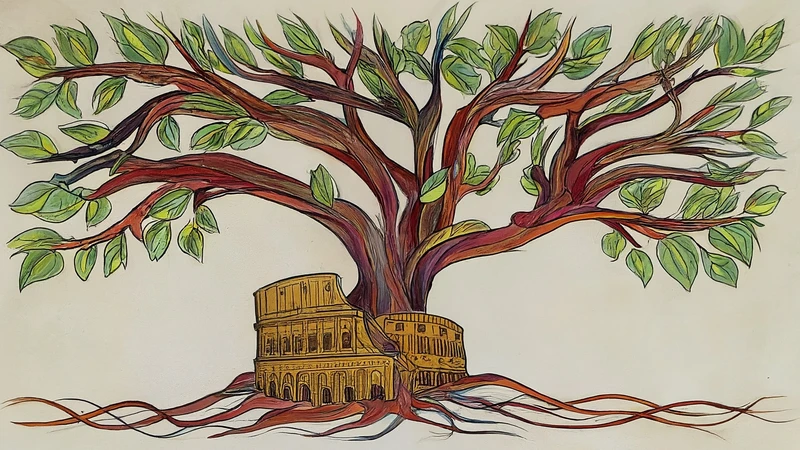 Stylized whimsical drawing of Dante Alighieri holding a quill pen, with geometric patterns symbolizing the spread of Tuscan dialect from Florence.