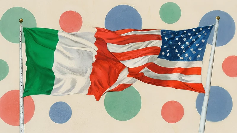 Collection of whimsically drawn Italian hand gestures like the pinecone hand and fingertip kiss, set against a background with geometric shapes.