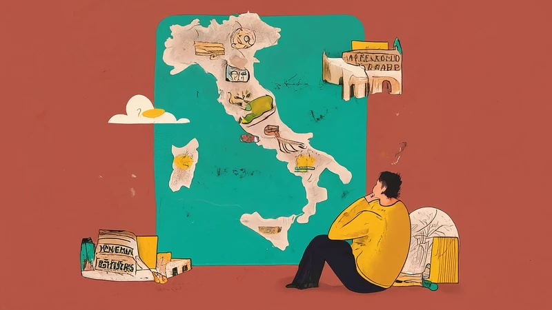 Whimsical open book with abstract shapes representing Italian words turning into cultural symbols like art palettes, pasta, and musical notes, blended with geometric elements.