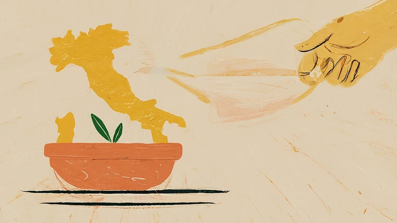 Whimsical hand-drawn selection of Italian foods like pizza, pasta, and risotto arranged on bold geometric patterned placemats.