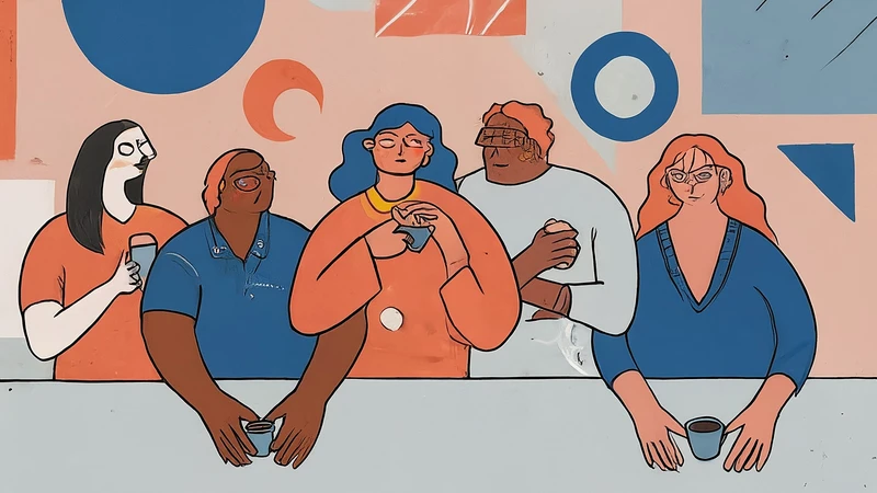 Hand-drawn friends playfully teasing, one with a geometric 'goofball' thought bubble.