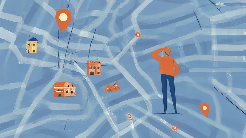 Hand-drawn piazza arch, flower, dress, gondola with geometric cityscape elements.