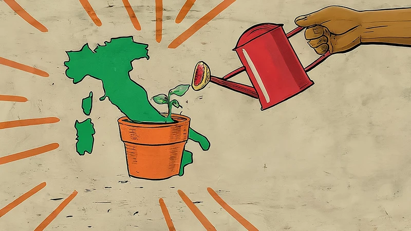 Hand-drawn gelato, basil, and bruschetta with geometric decoration.