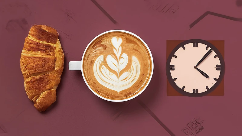 Whimsical top-down view of a cappuccino with foam art, beside a stylized cornetto pastry and a geometric clock showing 9 AM.