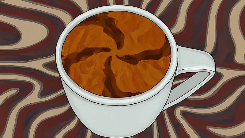 Hand-drawn close-up of a classic Italian espresso in a small porcelain cup, highlighting the rich, golden-brown crema on top, with geometric accents.