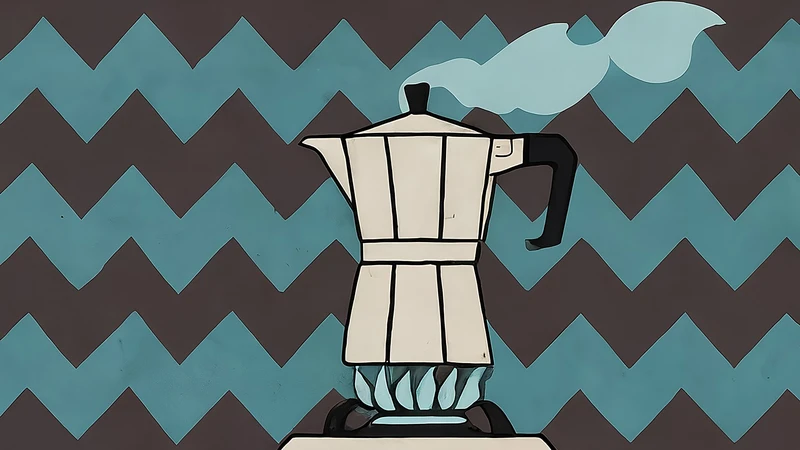 Iconic octagonal Moka pot illustrated in a whimsical hand-drawn style, sitting on a geometric stovetop burner with stylized steam.