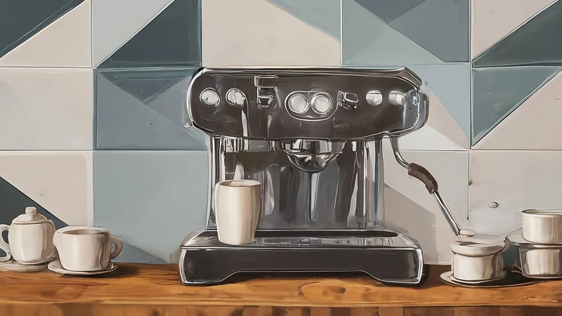 Hand-drawn whimsical scene of an Italian bar counter featuring a stylized espresso machine with geometric details and stacked cups.