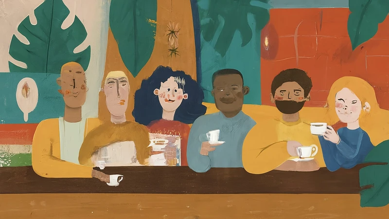 Whimsical drawing showing simplified figures standing shoulder-to-shoulder at a bar counter, holding small espresso cups, evoking a busy atmosphere.