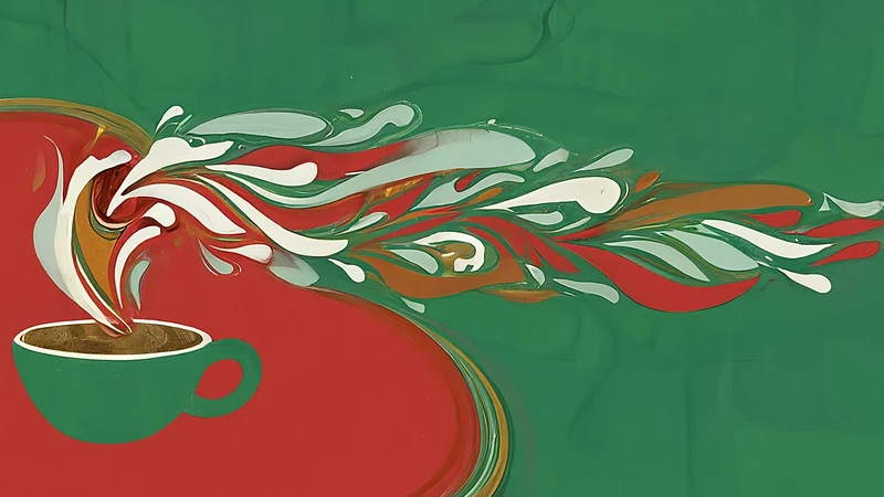 Whimsical illustration of a steaming espresso cup with green, white, and red flowing elements resembling the Italian flag, set against a geometric background.