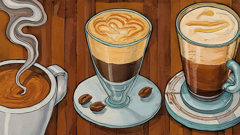 Whimsical composition showing three different Italian coffees: a small espresso, a caffè macchiato, and a tall glass of caffè shakerato, linked by geometric lines.