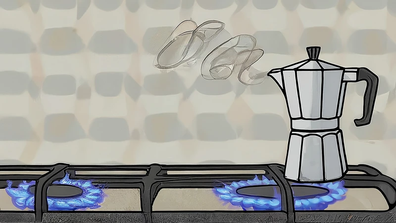 Hand-drawn illustration of shopping bags with geometric icons near Italian shoes and a geometric 'Saldi' sign.