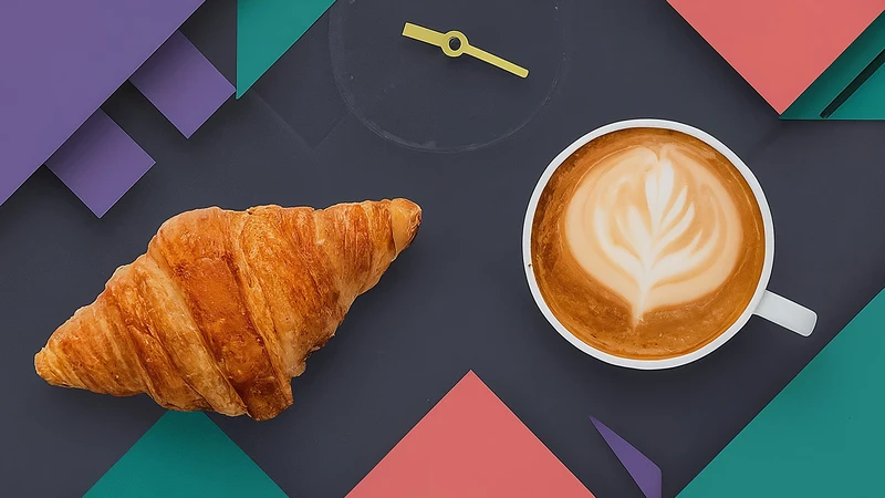 Whimsical drawing of an elegant blue dress near a fitting room mirror with geometric accents.