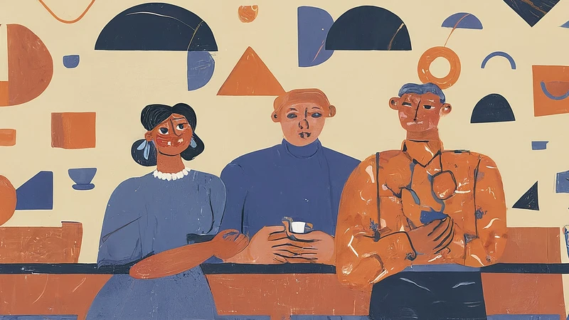 Whimsical illustration of a friendly Italian shop assistant with geometric details greeting a customer.