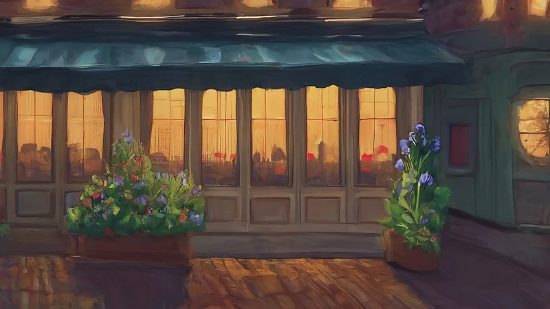 Whimsical illustration of an Italian trattoria exterior at dusk