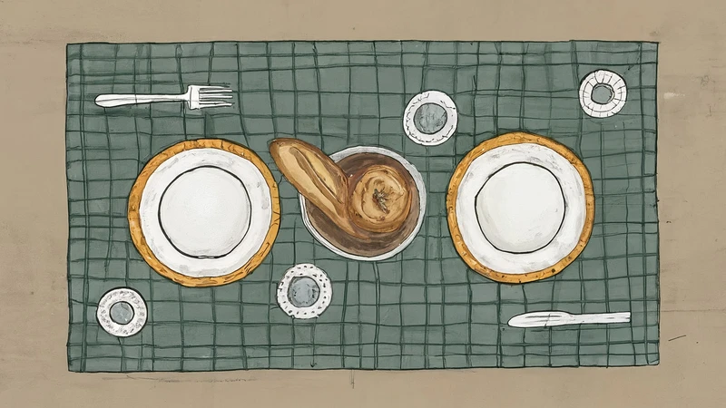 Top-down whimsical illustration of a restaurant table set for two