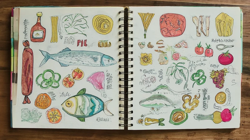 Whimsical illustration of an open Italian menu with food drawings in sections