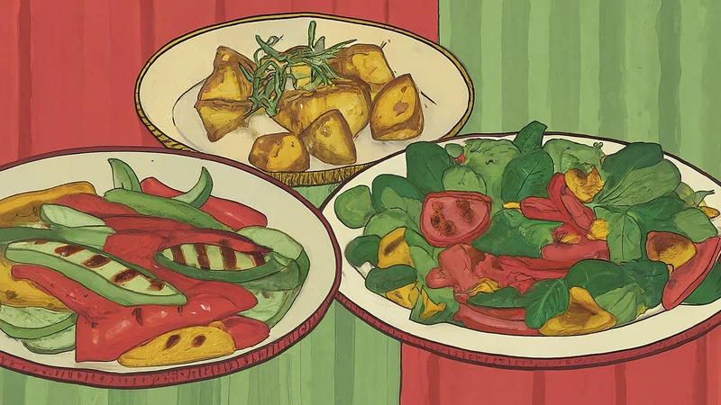Whimsical illustration of Italian side dishes: roasted potatoes, grilled vegetables, salad