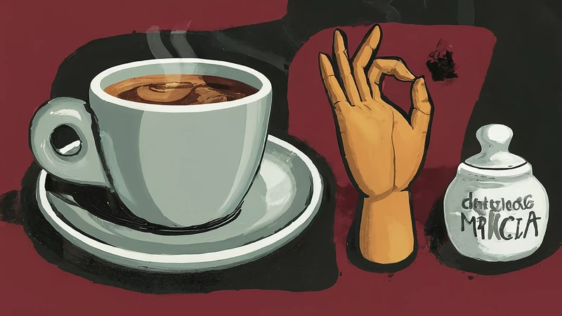 Whimsical illustration combining espresso cup, 'delicious' hand gesture, and tip jar