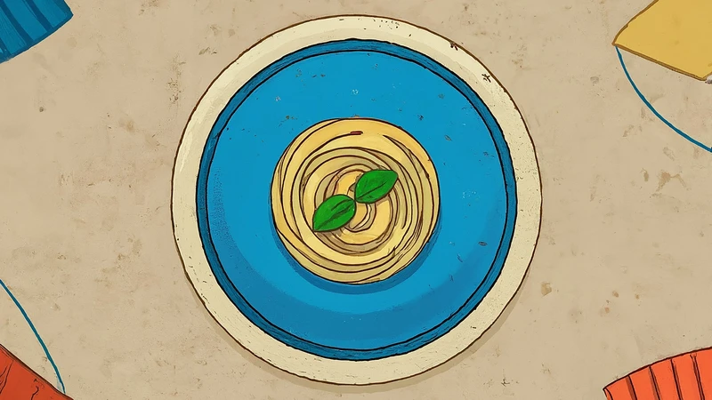 Minimalist whimsical illustration of a plate with pasta swirl for 'Buon Appetito'