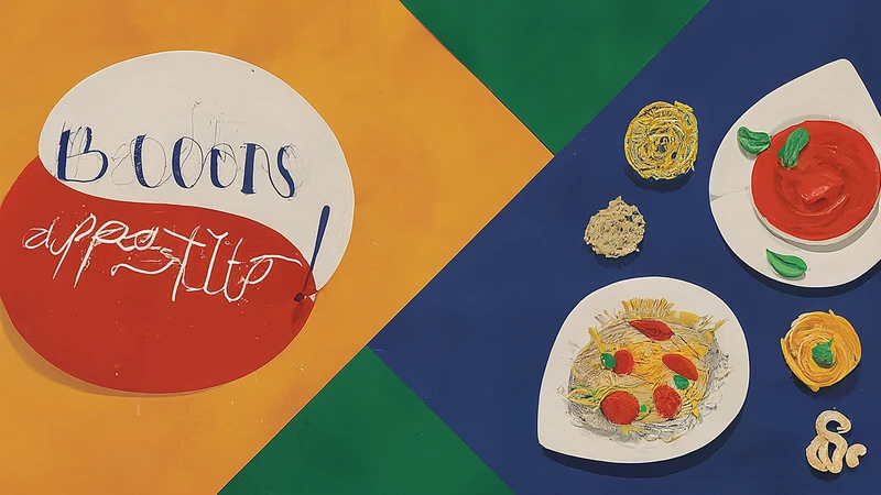 Whimsical illustration of an Italian dining table with geometric plates and a 'Buon Appetito!' bubble