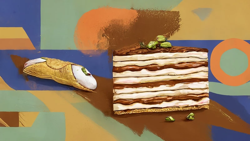 Whimsical illustration of geometric tiramisu and a hand-drawn cannolo