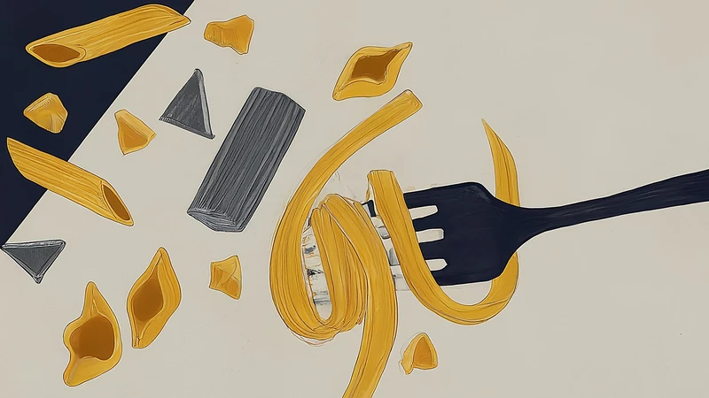 Whimsical illustration of various pasta shapes dancing around a fork