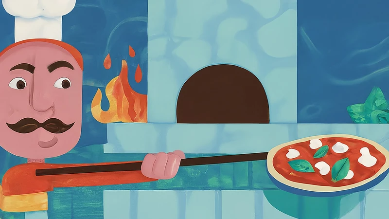 Whimsical illustration of a pizzaiolo putting a Margherita pizza into a geometric wood-fired oven