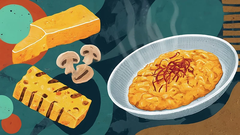 Whimsical illustration of creamy risotto and grilled polenta with geometric accents