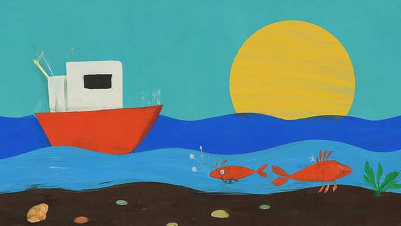 Whimsical illustration of a stylized Italian coastline with geometric waves and cheerful sea creatures