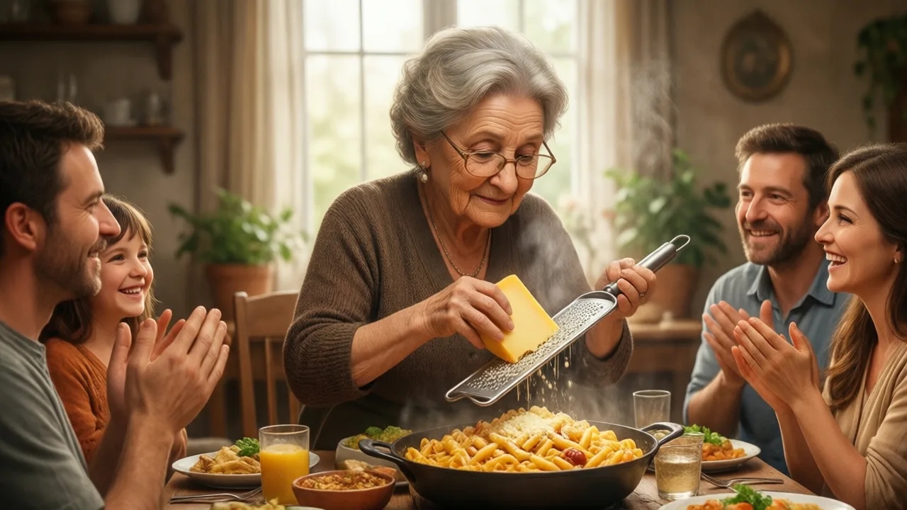 Grandmother grating cheese over macaroni while the family applauds