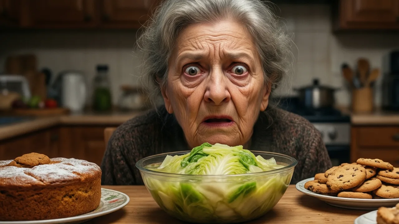 Horrified Italian nonna staring at boiled cabbage served between cake and cookies