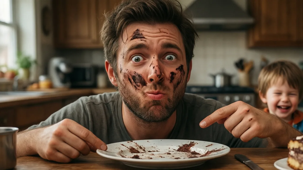 Man with cake on his face playing innocent next to an empty plate