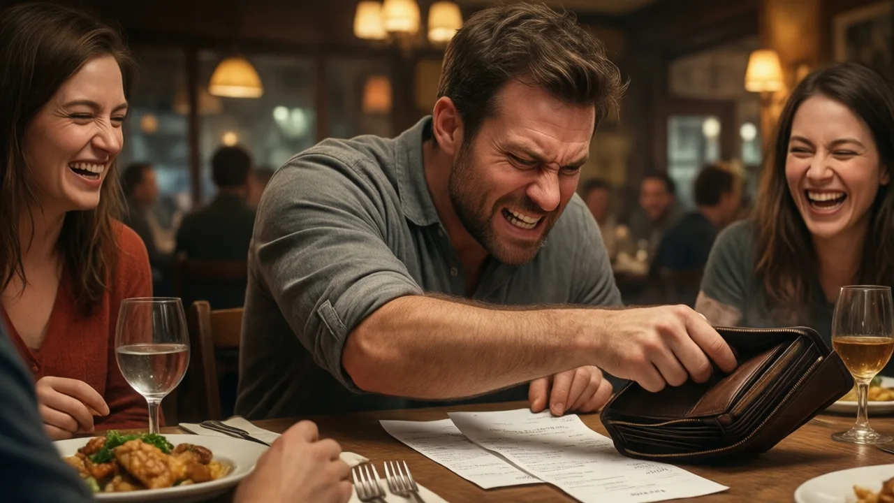 Man straining to reach his wallet while friends laugh at the restaurant bill
