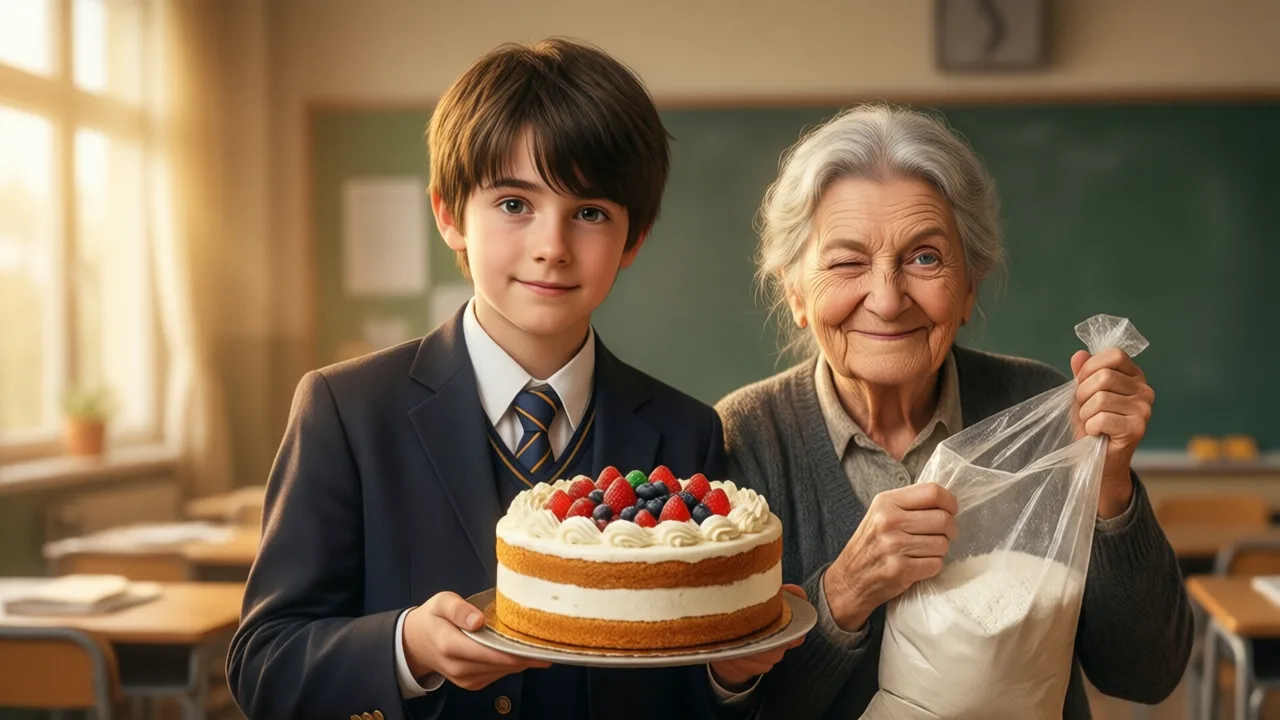 Student presenting a perfect cake while nonna holds an empty flour sack