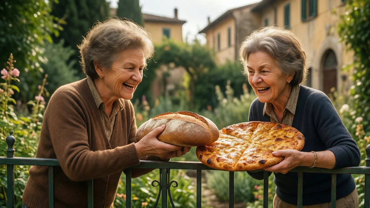 Two neighbors exchanging bread and focaccia over a garden fence
