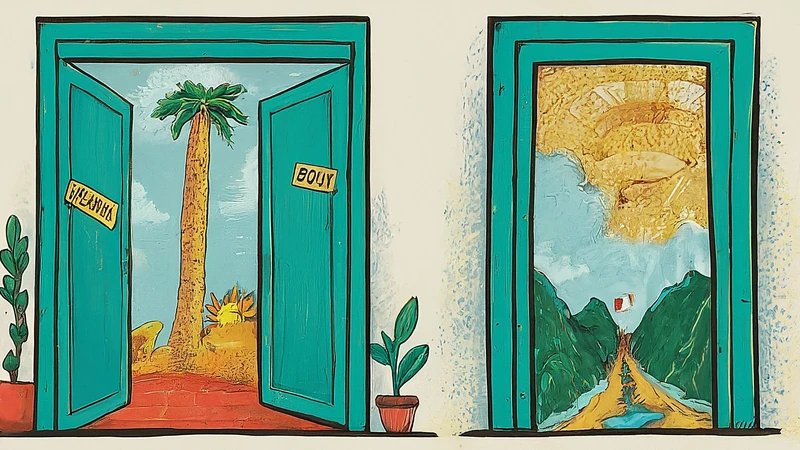 Whimsical illustration comparing English 'camera' (device) and Italian 'camera' (room).
