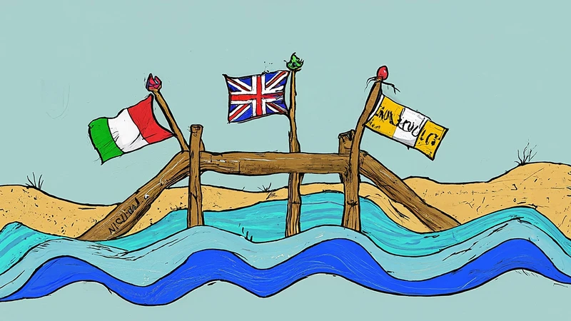 Whimsical bridge illustration representing language learning challenges like false friends.